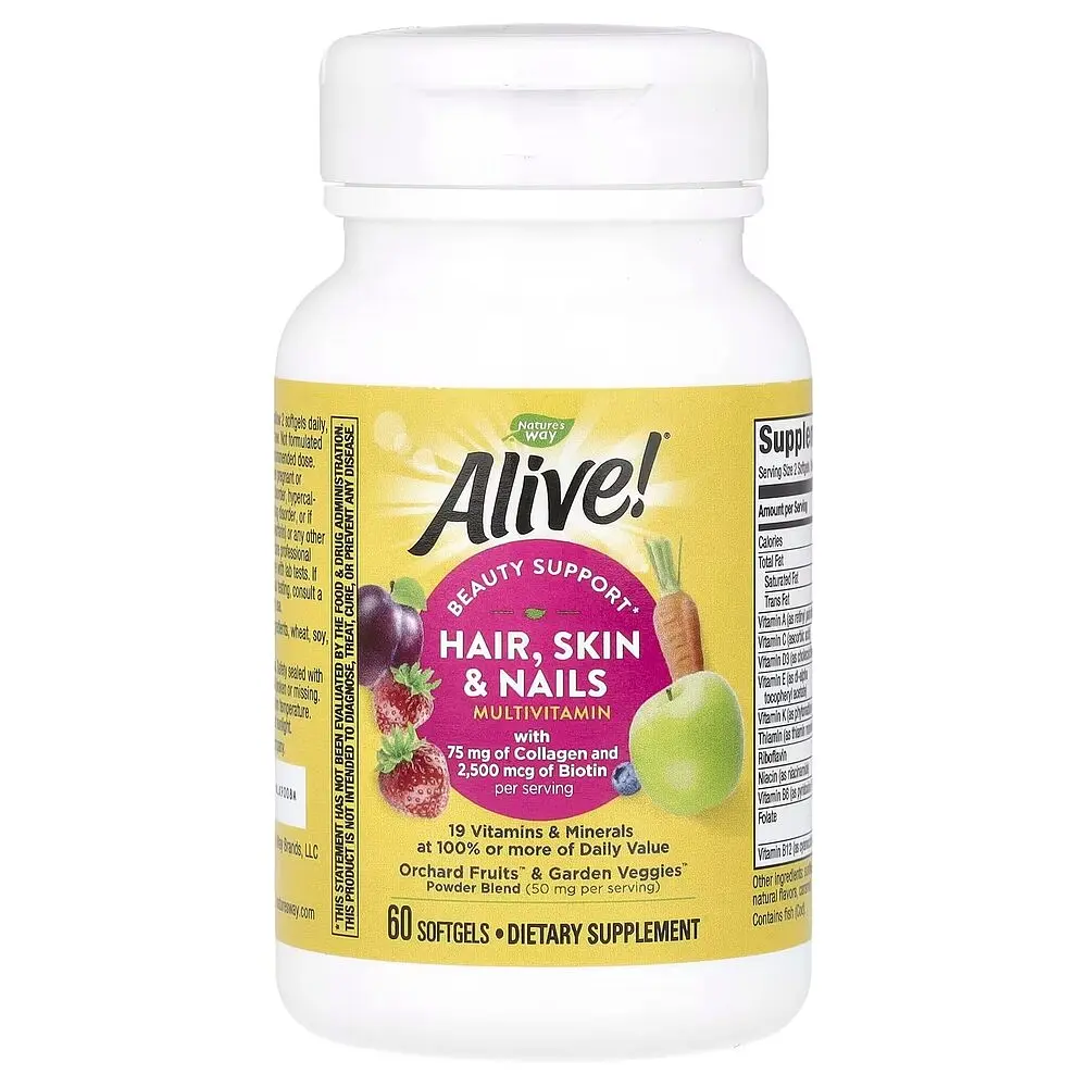 Вітаміни та мінерали Nature's Way Alive! Hair, Skin & Nails, 60 капсул для підтримки волосся, шкіри та нігтів - фото 3