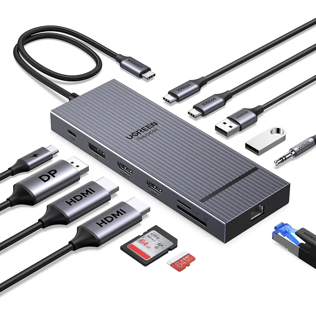 Док-станція USB-C UGREEN Revodok Pro CM886 12-в-1 2 HDMI 2.0 та DisplayPort 1.4 для одного дисплея DP до 4K 120 Гц або HDMI до 4K 60 Гц до трьох дисплеїв macOS однакове зображення на зовнішніх екранах потрібен USB-C з DP Alt Mode 2 USB-C 3.2 Gen2 до 10 Гбіт/с лише дані та 2 USB-A 2.0 вхід USB-C PD 100 Вт ноутбук до 85 Вт із зарядним пристроєм PD 100 Вт і кабелем 100 Вт RJ45 до 1000 Мбіт/с SD/microSD до 170 МБ/с аудіовихід 3,5 мм кабель 40 см космічний сірий (55767)