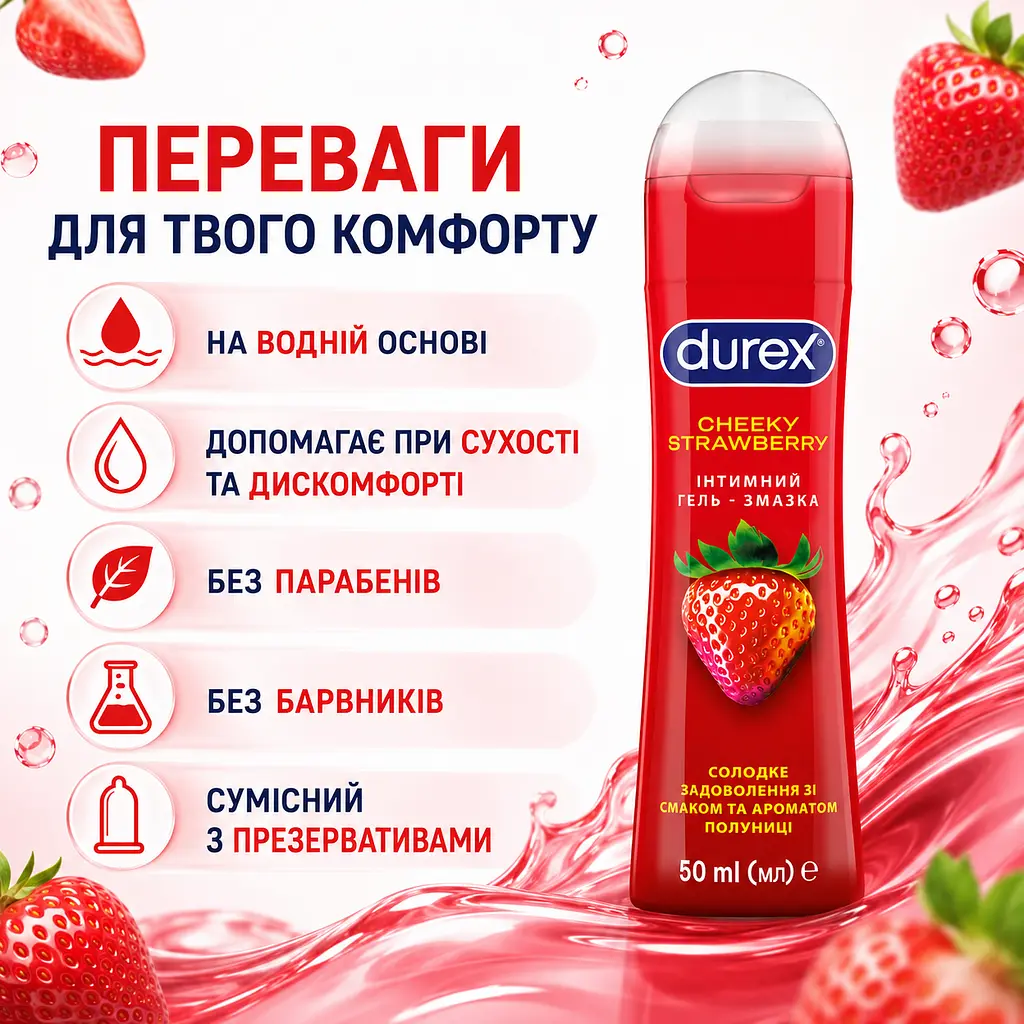 Лубрикант DUREX Cheeky Strawberry 50 мл інтимна гель-змазка на водній основі зі смаком та ароматом полуниці - фото 4