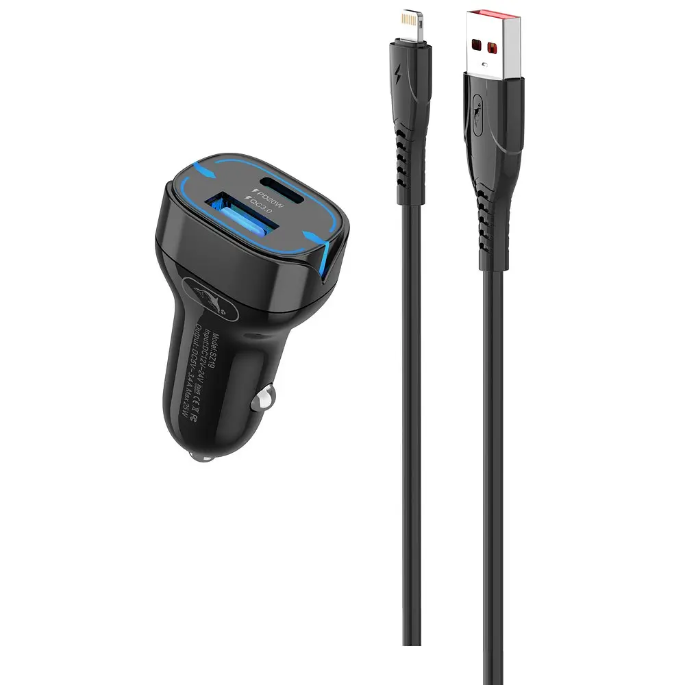Автомобільний зарядний пристрій SkyDolphin SZ19L PD 20W + QC3.0 20W Black + кабель Lightning (AZP-000103)
