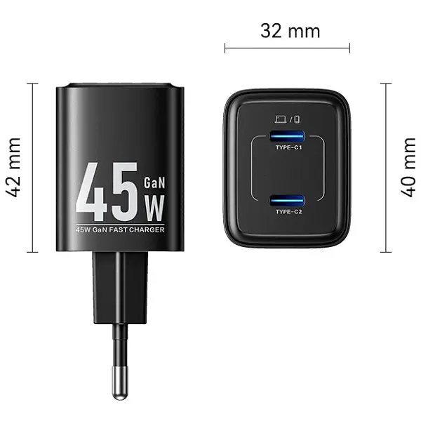 Зарядний пристрій 2xUSB-С 45W GaN чорний Vention - фото 2