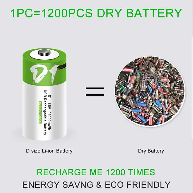 Акумулятор тип D/R20 Smartoools 8000 mAh барило Li-Ion із зарядкою Type-C 1.5V (19329) - фото 4