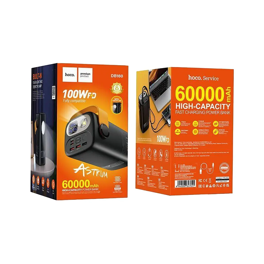 Батарея універсальна HOCO 60000mAh Astrum PD/100W, QC/3.0, LED lamp, Black (DB160 / 714724) - фото 5
