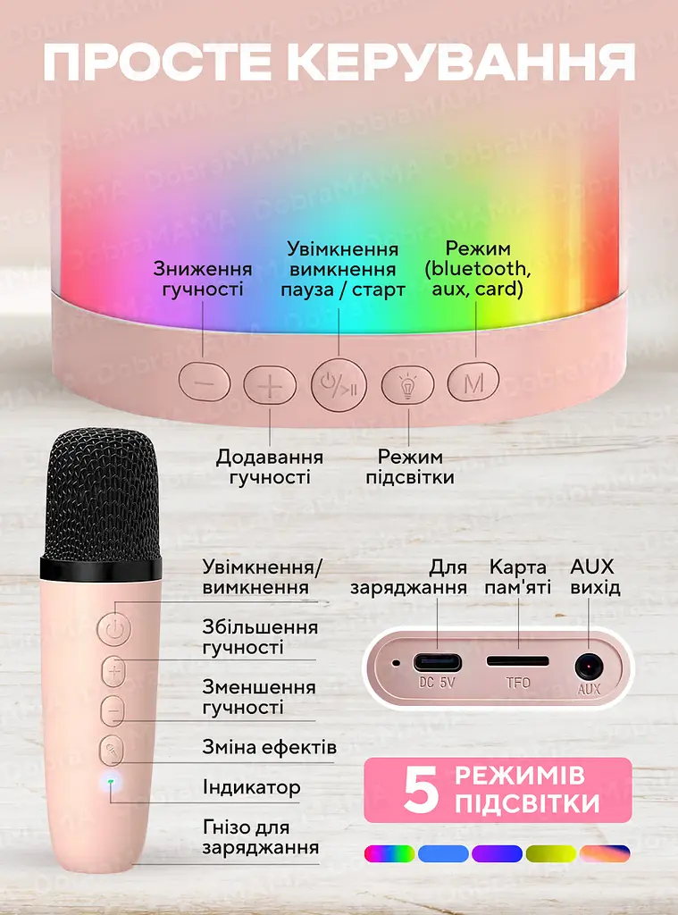 Портативна акумуляторна Bluetooth колонка з LED підсвічуванням TF USB Дитячий караоке та два бездротові мікрофони UKC K52 9657 - фото 10