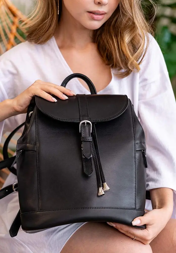 Кожаный женский рюкзак Олсен черный краст - фото 8