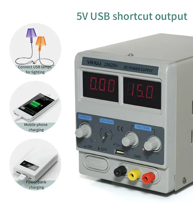 Лабораторний блок живлення Yihua 1502D+ Трансформаторний / 15V / 2A / 50W + USB, цифрова індикація напруги та струму (19465) - фото 6