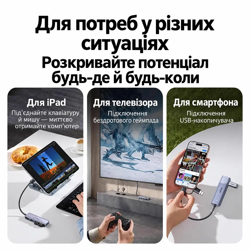 USB-хаб UGREEN CM219 подключение USB-C с переходником на USB-A 4 порта USB-A 3.0 до 5 Гбит/с вход USB-C только для дополнительного питания периферии с индикатором работы встроенный кабель 0,15 м тёмно-серый (65757) - фото 9