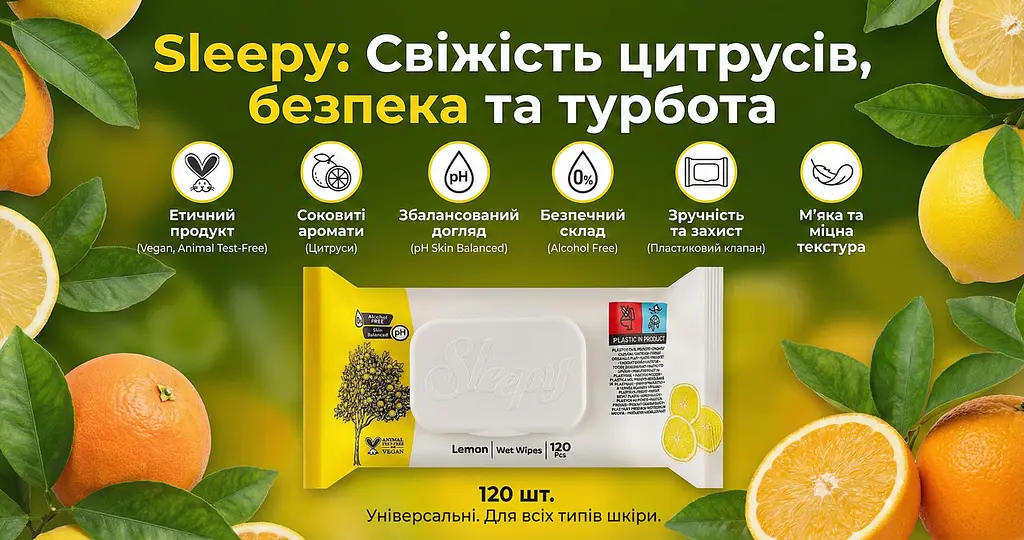 Вологі серветки універсальні Sleepy Citrus Garden 120 шт. Серветки без спирту - фото 3