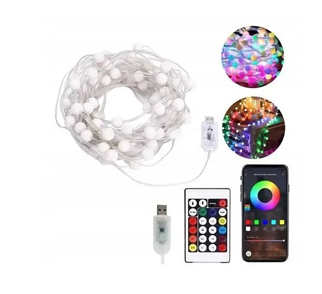 Умная светодиодная музыкальная гирлянда 100LED, 10 м, цветные RGB шарики с USB питанием и дистанционным - фото 3