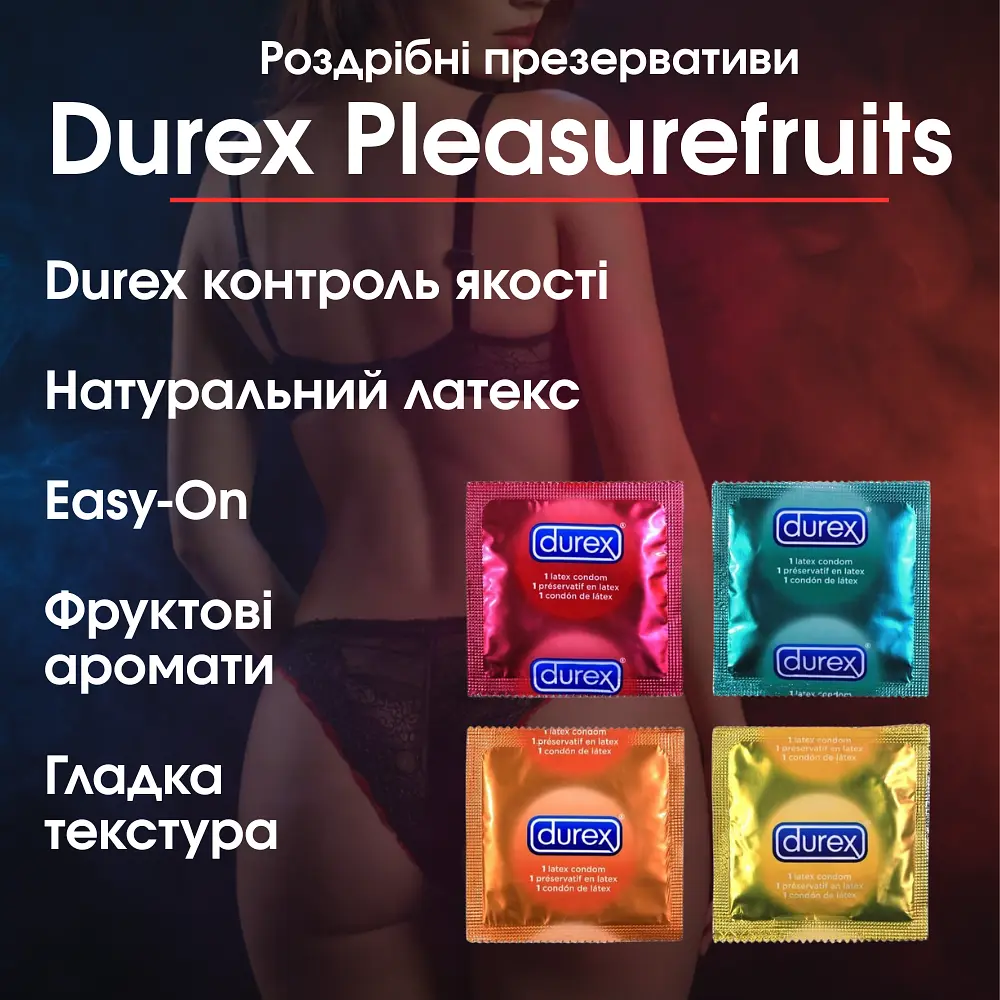 Презервативи Durex Pleasurefruits — ароматизовані фруктові, гладкі змащені латексні, Easy-On, відчуття