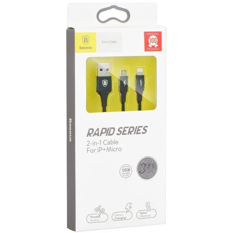 Кабель Baseus Rapid 2 in 1 Cable USB to MicroUSB/Lightning 3A 1.2m CAML-ASU01 Black - фото 2