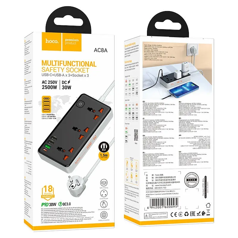 Мережевий продовжувач Hoco AC8A Storm (3 х розетки 3 х USB 1 х Type-C) 30W чорний - фото 4