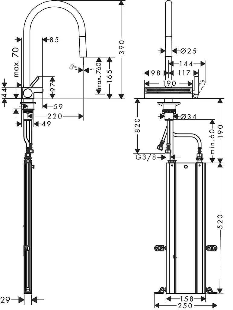 Змішувач Hansgrohe Aquno Select M81 170 3jet кухонний з витяжним виливом Sbox 73831670 Black Matt Чорний матовий - фото 3