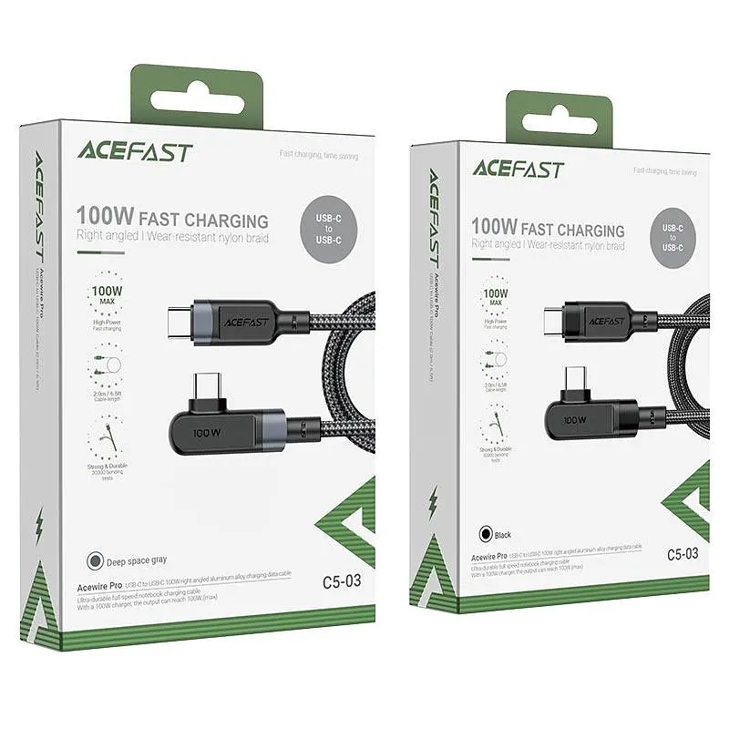 Кабель Acefast C5-03 USB-C to USB-C 100W right angled aluminum alloy 2 м черный - фото 2