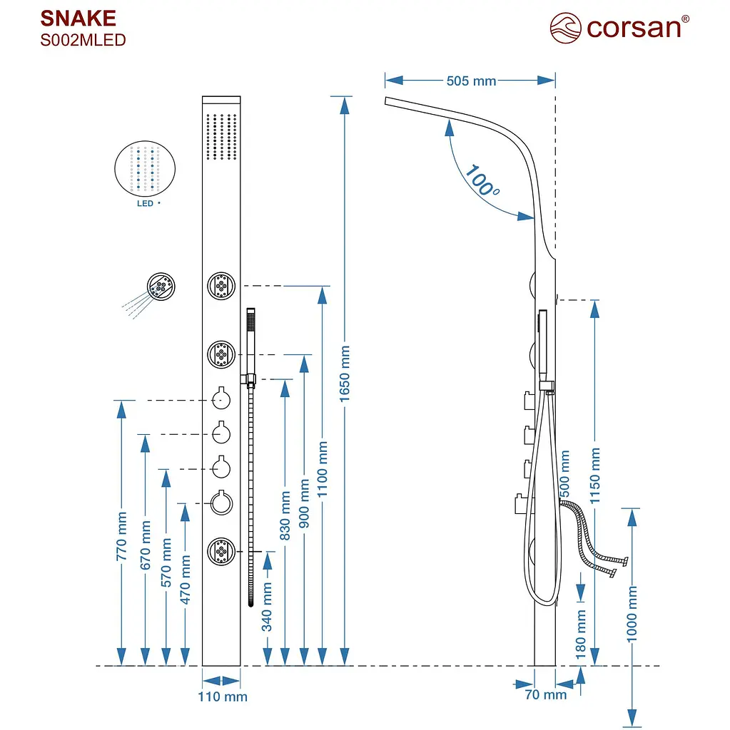 Душова панель Corsan Snake inox LED S002MSLLED, Нержавіюча сталь - фото 4
