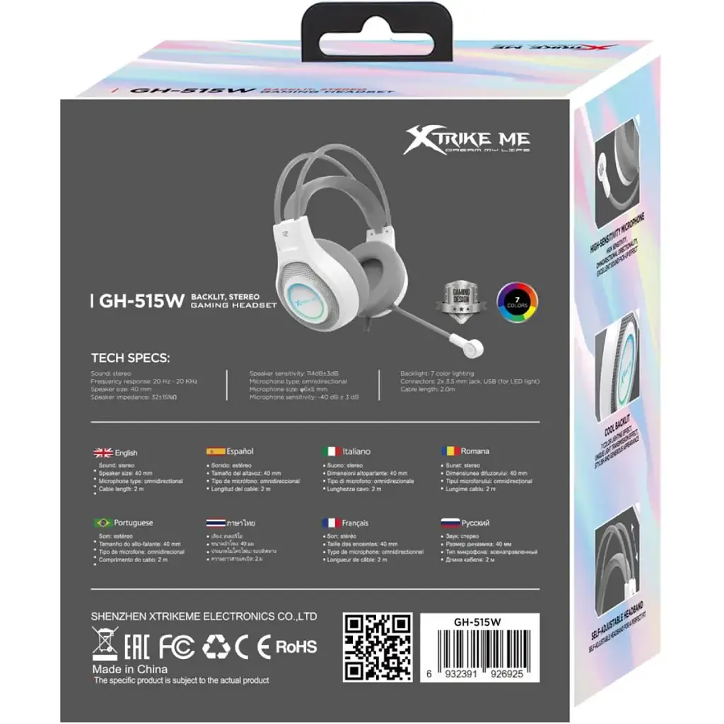 Игровая гарнитура Xtrike Me GH-515 USB+3.5 мм 7 режимов RGB кабель 2 м белая - фото 6