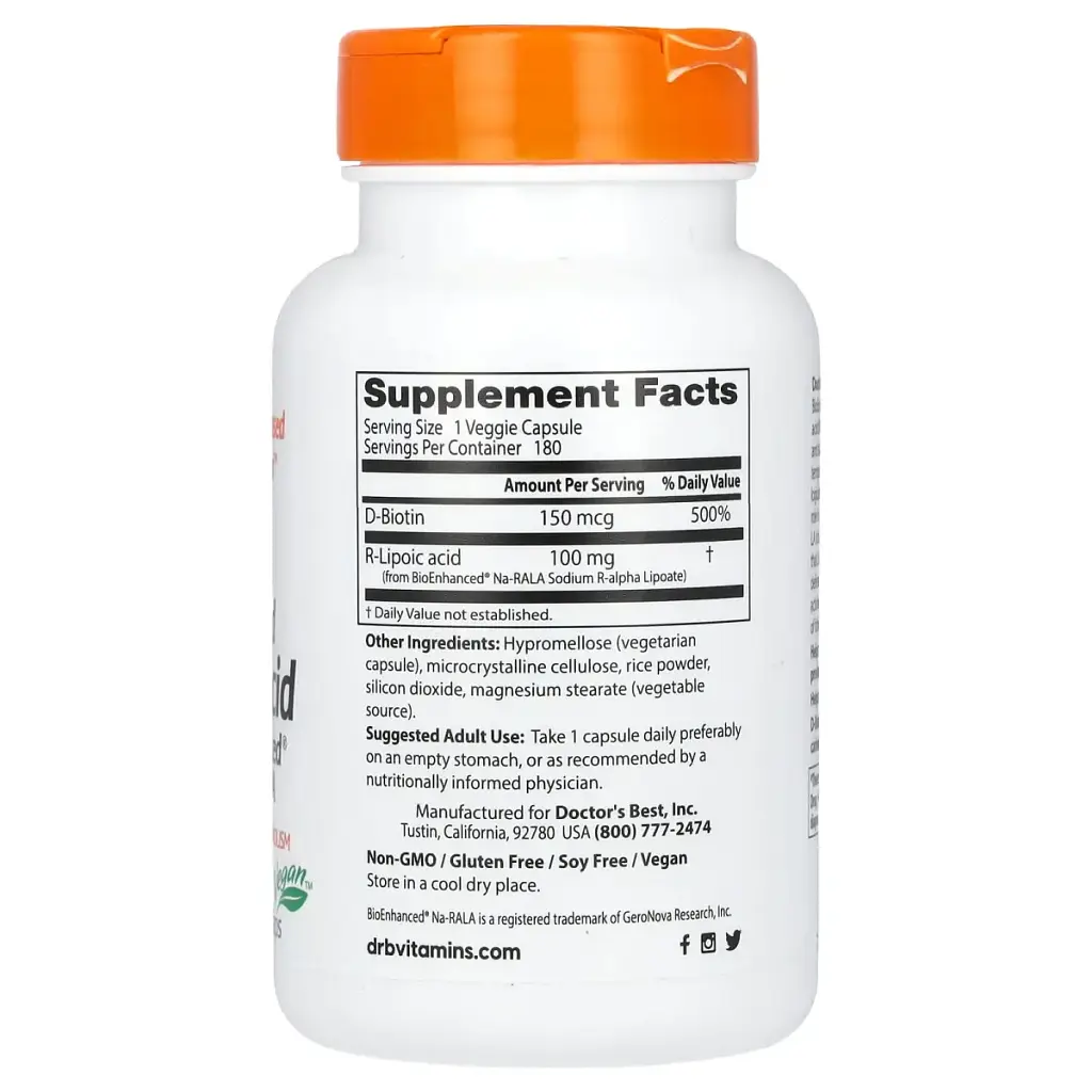 R-липоевая кислота Doctor's Best R-Lipoic Acid 100 мг 180 капсул - фото 2
