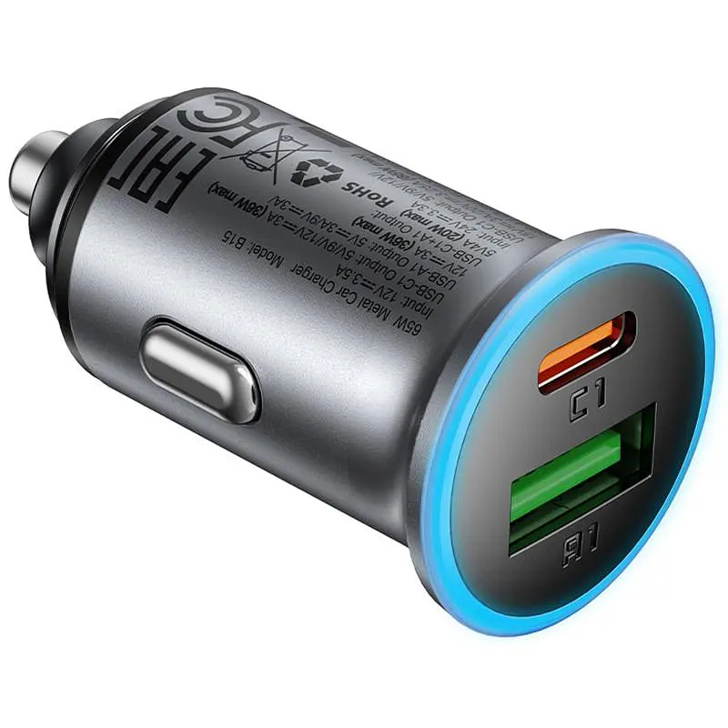 АЗП Acefast B15 PD20W+QC3.0 total 65W 1USB-A/1C Gray - фото 3