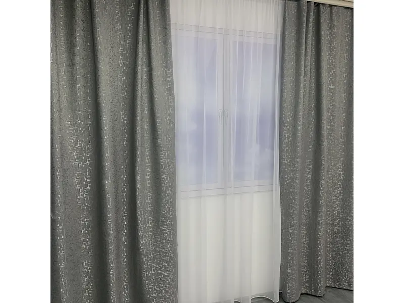 Льняні мармурові блекаут штори темно-сірого кольору 2шт. 150х270 з білим шифоновим тюлем 400х270, на ALBO pbe0052663 - фото 2
