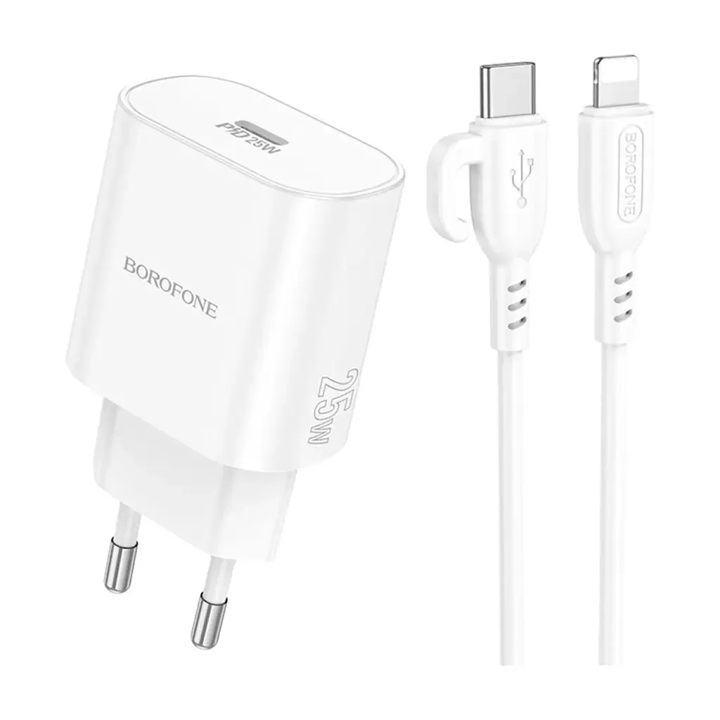 Зарядний пристрій BOROFONE BA82A Platinum USB-C PD25W + cable USB-C to Lightning White (6941991112263)