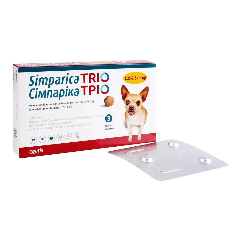 Пігулка від бліх та кліщів Сімпаріка Тріо для собак 1.3-2.5 кг 3 шт. (10024331) - фото 5