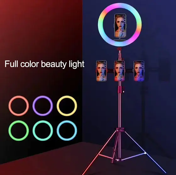 Кольцевая лампа цветная светодиодная RGB 38 см LED MJ38 с пультом для селфи, блогеров, фото - фото 6