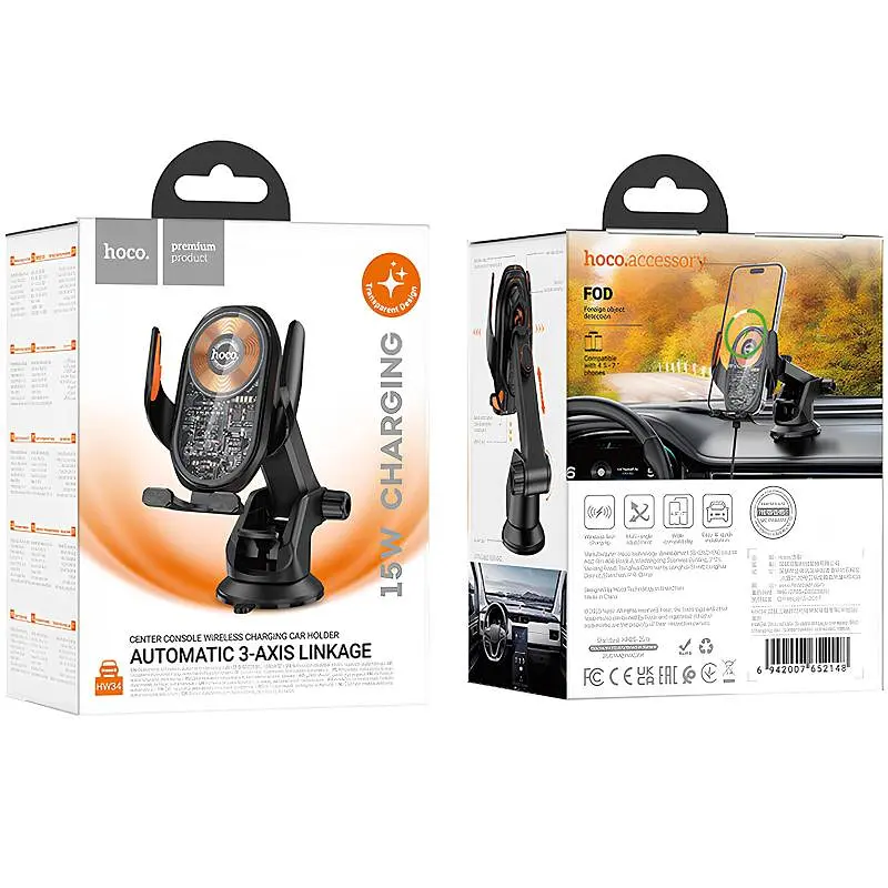 Автотримач з БЗП Hoco HW34 Blue whale 3-axis linkage wireless 15W (center console) Black - фото 2