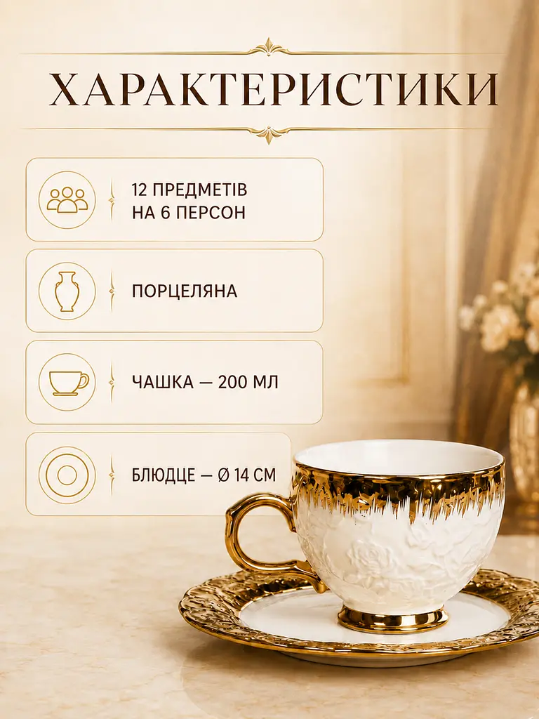 Чайний сервіз порцеляновий на 6 персон 12 предметів, подарунковий набір чашок 200 мл з блюдцями 14 см для чаювання, білий із - фото 3