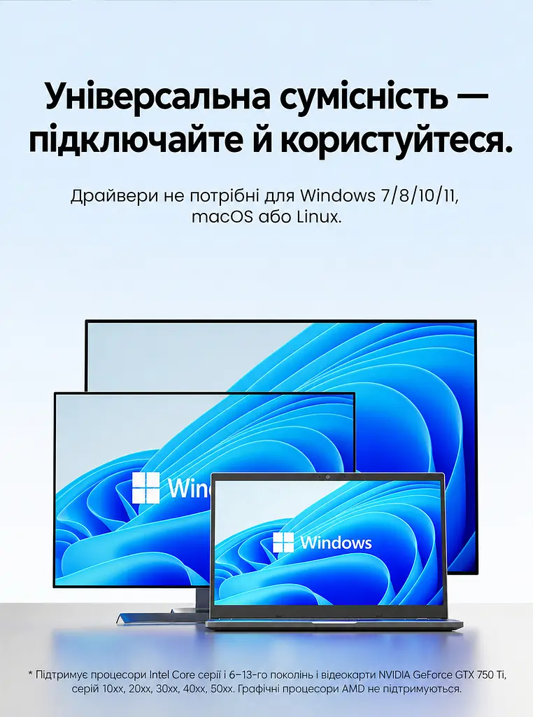 Заглушка-емулятор дисплея Vention Dummy Plug штекер DisplayPort створює віртуальний екран для віддаленого керування ПК без фізичного монітора 4K 17 Гц 2K 30 Гц 1080p 60 Гц сумісна з процесорами Intel Core серії i 6–13 поколінь і відеокартами NVIDIA GeForce GTX 750 Ti та серій GeForce 10xx 20xx 30xx 40xx 50xx але не з відеокартами AMD працює без драйверів у Windows 7/8/10/11 macOS і Linux світлодіодний індикатор живлення сірий корпус із золотистим штекером (AIYH0) - фото 3