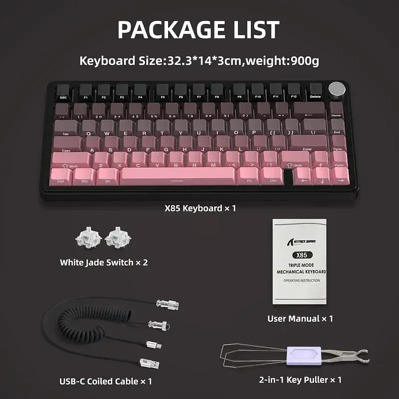 Игровая беспроводная механическая клавиатура ATTACK SHARK X85 / Три режима подключения / White Jade Switch / Pink - фото 3
