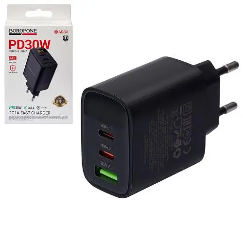 Мережевий зарядний пристрійз дисплеєм BOROFONE BA98A USB-C1/C2:30W, USB-A?18W Black