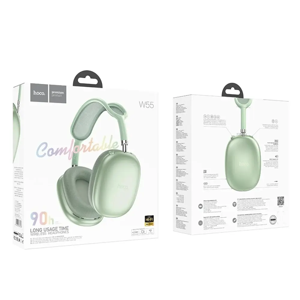 Беспроводные накладные наушники Hoco W55 Pleasing, BT5.4, AUX, TF, headphones, 800mAh, 90h, Green - фото 2