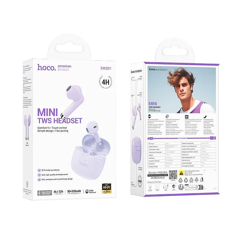 Беспроводные наушники Hoco EW201 Graceful true wireless BT headset, BT5.4, 30mAh, 320mAh, 4h, purple - фото 3