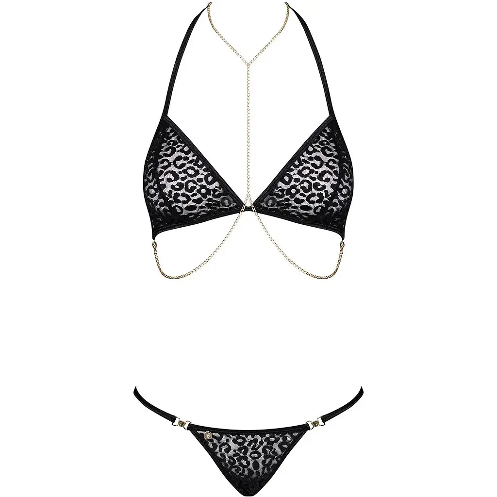 Комплект із ланцюжками Obsessive PanTheria 2-pcs set Black S/M, бюстгальтер, трусики - фото 3