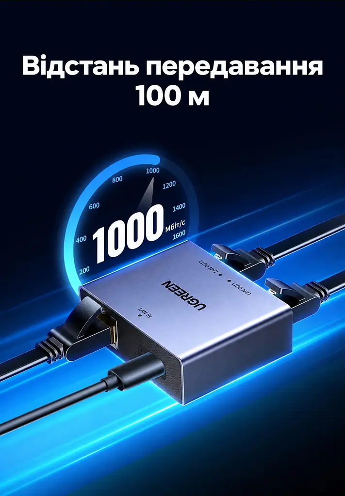 Розгалужувач Ethernet UGREEN NW301 мережевий комутатор RJ45 1 вхід і 2 виходи до 1000 Мбіт/с потребує живлення через USB-C для одночасної роботи двох пристроїв без встановлення драйверів з індикаторами живлення та з'єднання в алюмінієвому корпусі кабель живлення USB-A → USB-C 1 м у комплекті сірий із чорною панеллю портів (45311) - фото 6