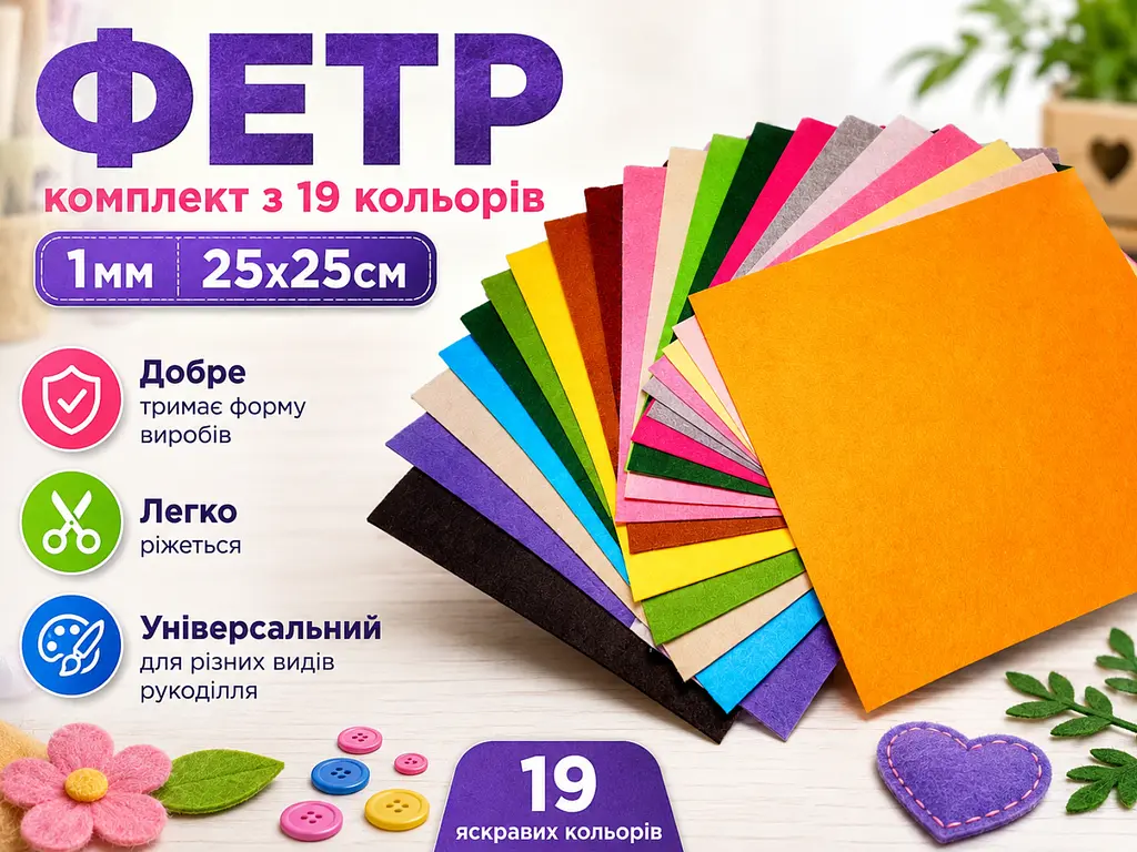 Фетр комплект з 19 кольорів/1мм/25х25см - фото 3