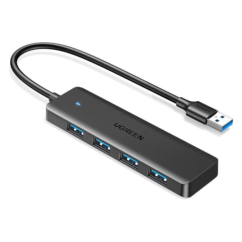 USB-хаб UGREEN CM219 USB-концентратор со входным штекером USB-A 3.0 для подключения к хосту и выходными гнёздами USB-A 3.0 4 порта с общей для них пропускной способностью передачи данных до 5 Гбит/с не предназначен для зарядки устройств поддерживает жёсткий диск ёмкостью 12 ТБ LED-индикаторы Plug & Play встроенный кабель длиной 15 см чёрный (25851)