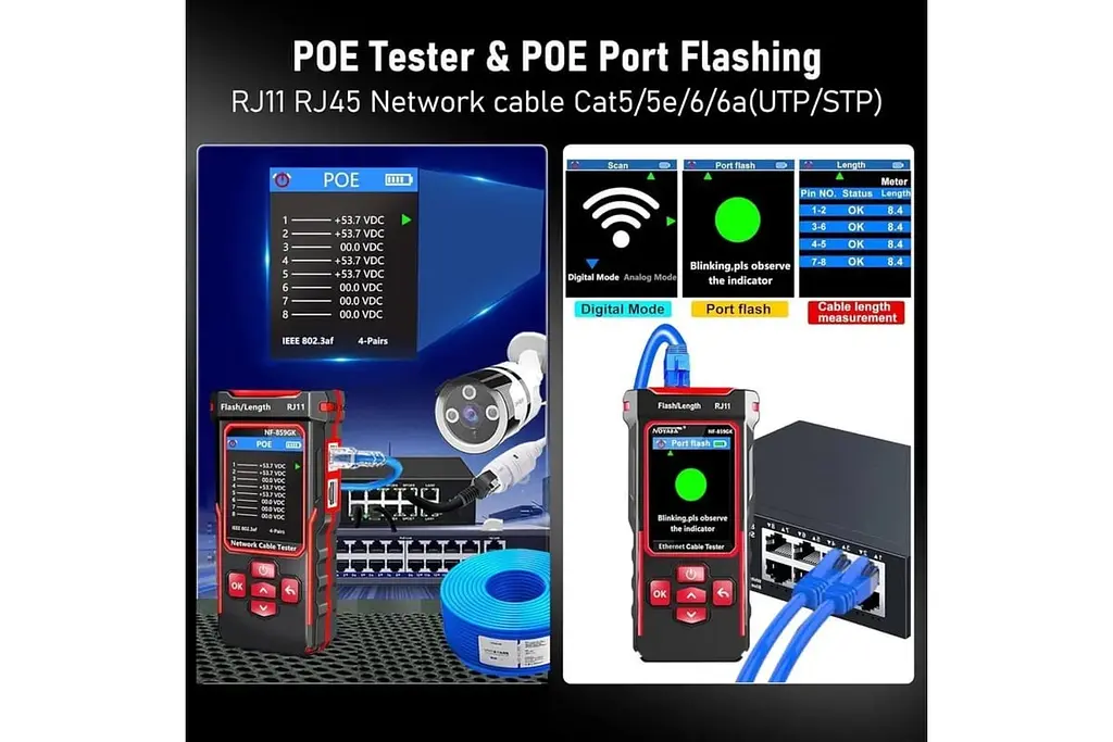 Багатофункціональний кабельний тестер Noyafa NF-859GK PoE тестер вітой пари, Wiremap, SCAN, NCV, QC, VFL, PING, IP-scan, RJ45 (19805) - фото 11