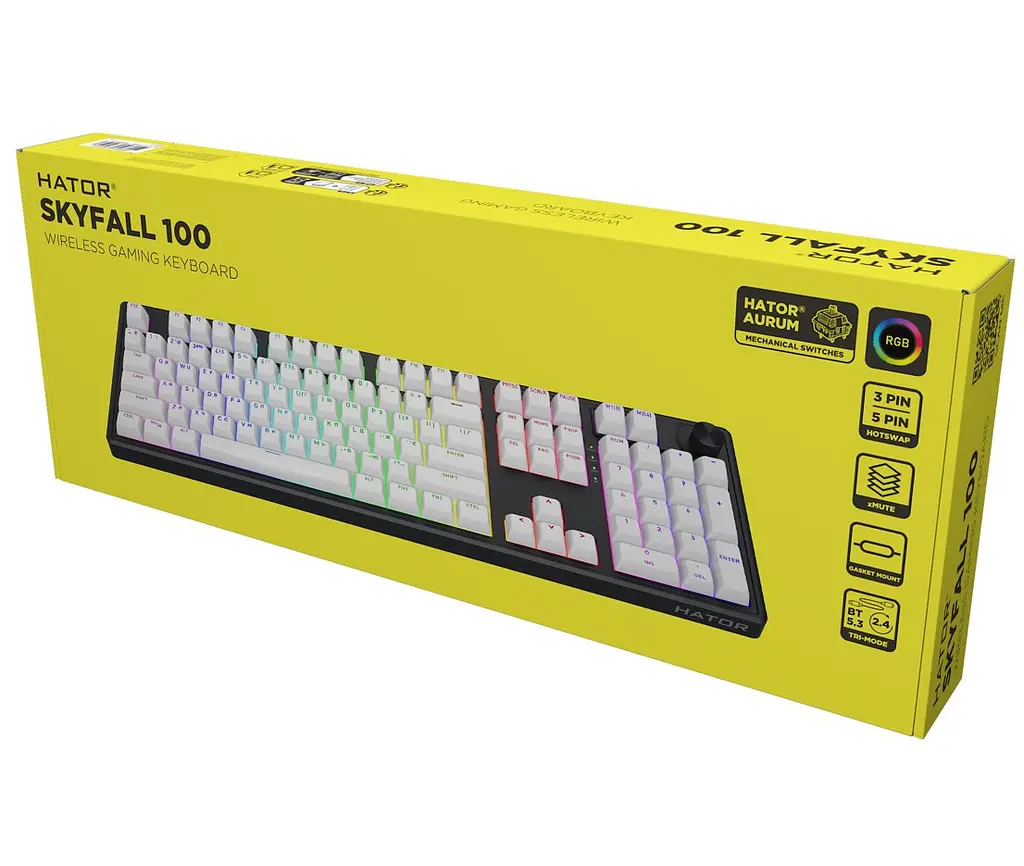 Клавіатура ігрова механічна HATOR HTK-3100-UA Skyfall 100 Wireless Aurum Lemon Switch USB, 2,4 ГГц, BT 5.3 Black-White - фото 12