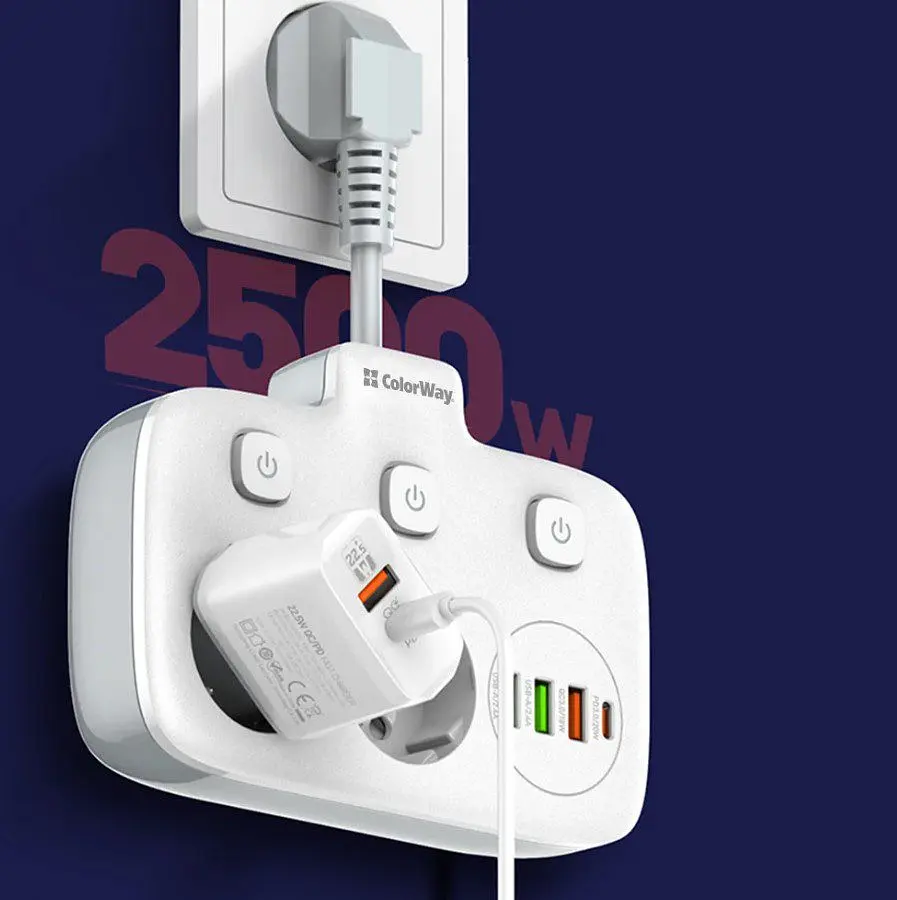 Мережевий фільтр-адаптер ColorWay CHE-24-PDW 20W, 2x220V, 3xUSB-A, 1xUSB-C - фото 9