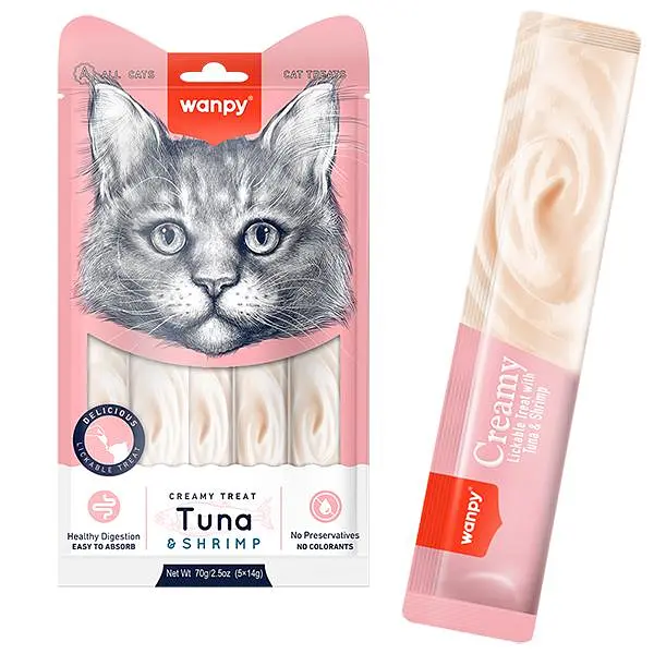 Рідкі ласощі для котів Wanpy Creamy Lickable Treats Tuna&Shrimp Ванпі Тунець із креветками 5 шт по 14 г