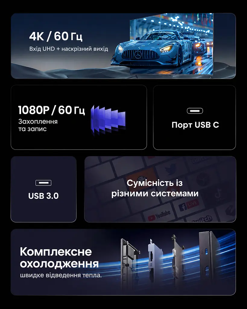 Зовнішня карта відеозахоплення UGREEN CM630 із входом HDMI та захопленням через USB-C наскрізний вихід HDMI до 4K 30 Гц захоплення до 2K 30 Гц мікрофонний вхід 3,5 мм вихід 3,5 мм для навушників із підтримкою гарнітури для OBS та Potplayer у комплекті HDMI-кабель та USB-кабель даних і живлення чорна (15390) - фото 3