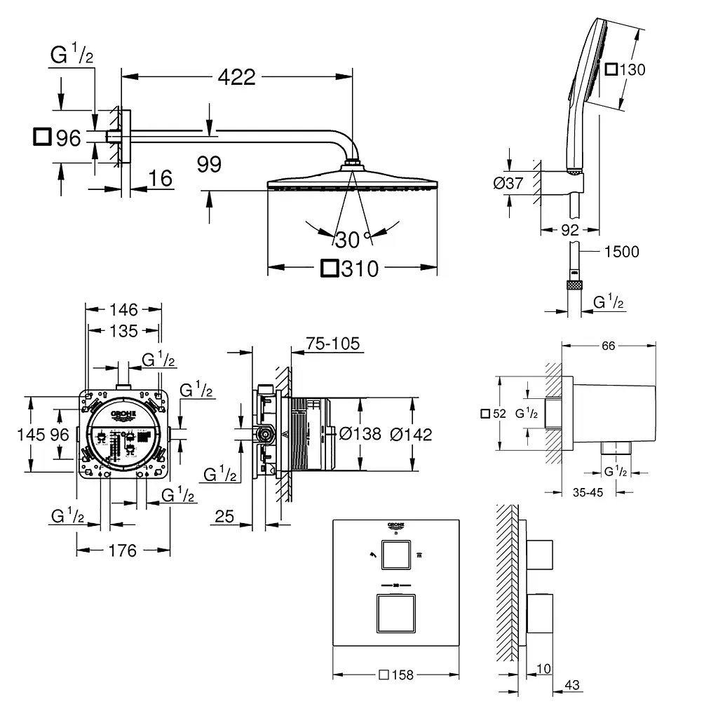 Душова система прихованого монтажу Grohe Grohtherm Cube UA26405SC0, Хром - фото 2