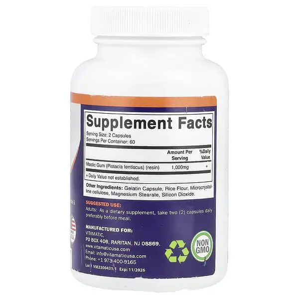 Мастикова смола Mastic Gum 1,000 mg 120 капсул Vitamatic vit0005403 - фото 2
