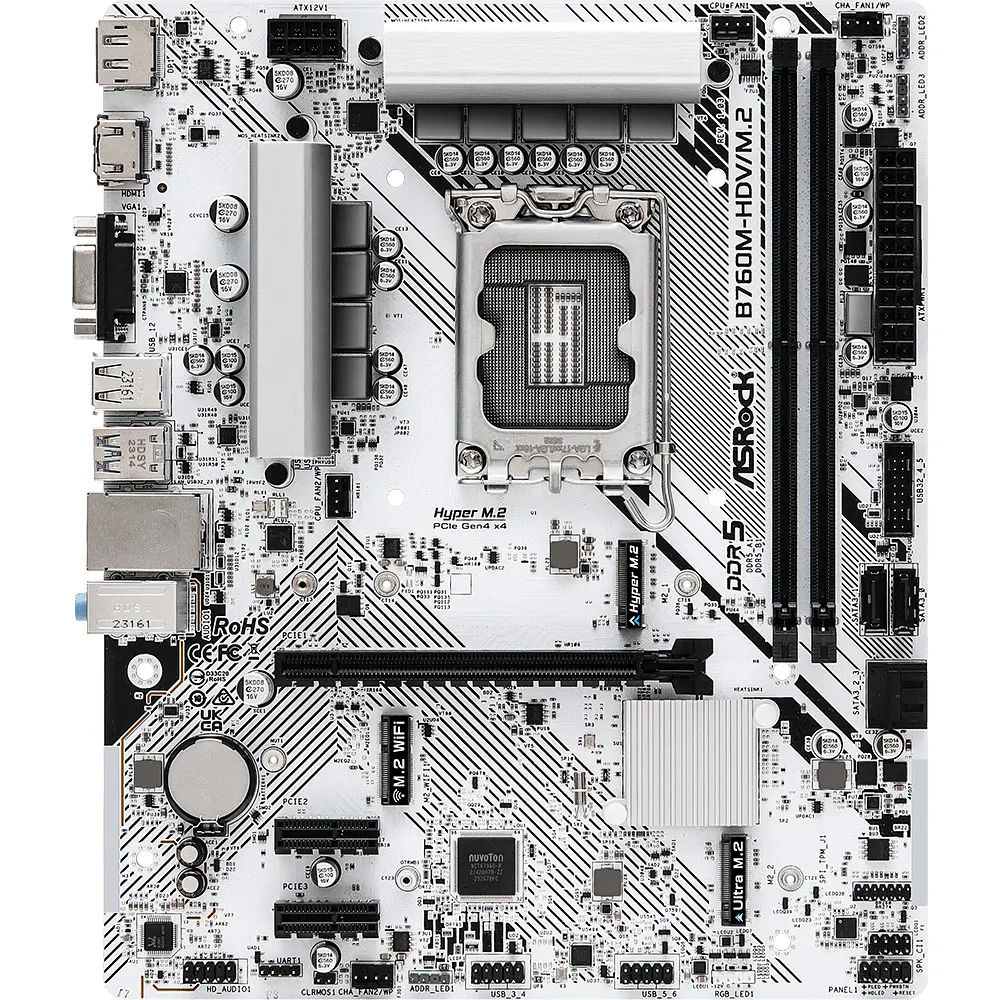 Материнская плата LGA1700, ASRock B760M-HDV/M.2, B760, 2xDDR5, Int.Video(CPU), 4xSATA3, 2xM.2, 1xPCI-E 4.0 x16, 2xPCI-E 3.0 x1, RTL8125BG, 6xUSB3.2/5xUSB2.0, VGA/HDMI/DP, MicroATX - фото 2