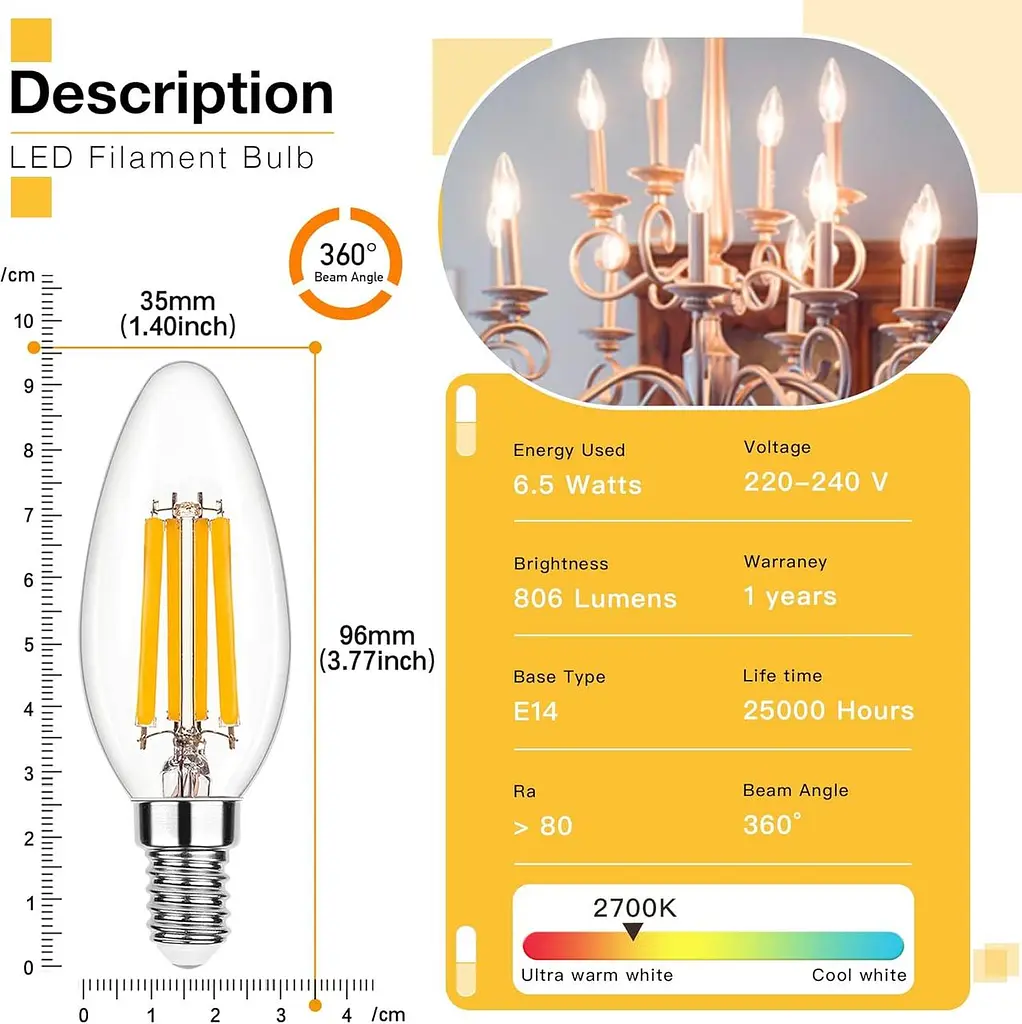 LED лампа Genixgreen E14 6.5 Вт 2700K, філаментна свічка, димована, комплект 6 шт - фото 3