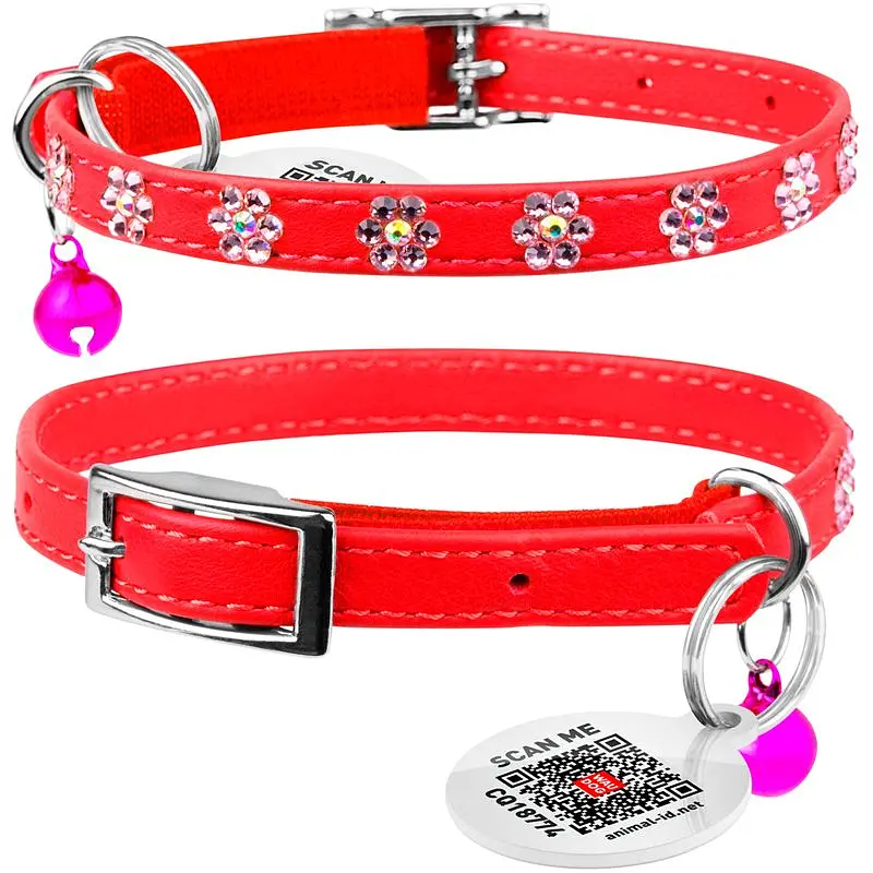 Ошейник для кошек Waudog Glamour Цветочек кожаный с эластичной вставкой и стразами 22-30х0.9 см красный - фото 3