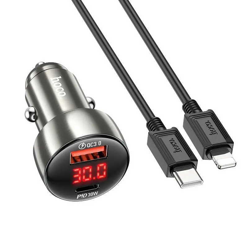 Адаптер автомобільний Hoco Type-C to Lightning Cable Leader dual-port Car charger with digital display set Z50 |1USB/1Type-C, - фото 2