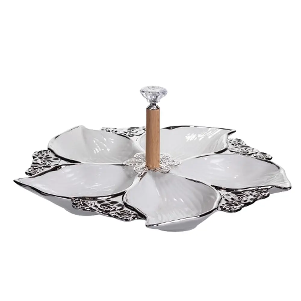 Менажница фарфоровая на 5 секций для закусок 30×30×13 (см) тарелка для подачи Белый с серебром Yiwu 918-44S - фото 3