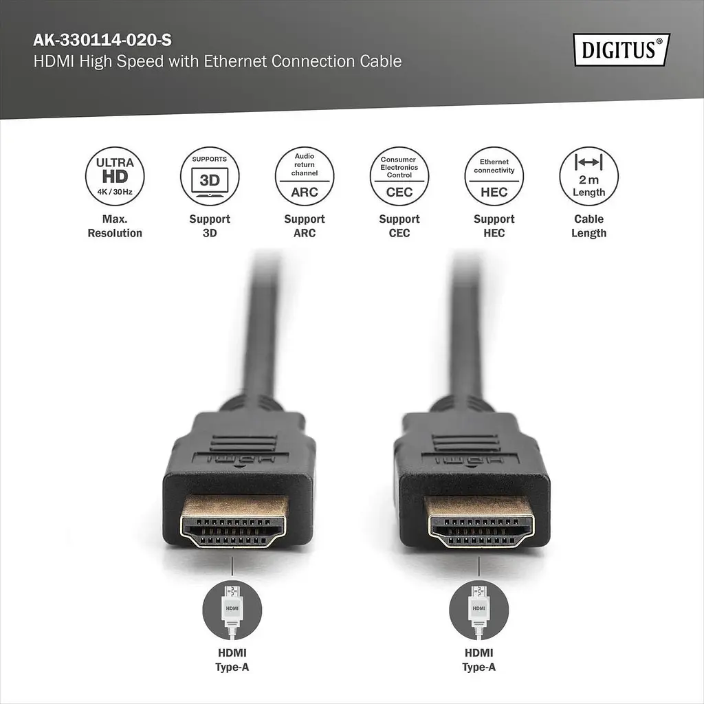 Кабель HDMI високошвидкісного з'єднання, тип A, з Ethernet M/M, 2,0 м, AK-330114-020-S DIGITUS by ASSMANN - фото 3